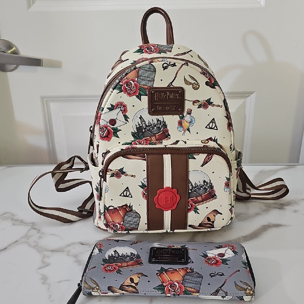 Loungefly Cream and Brown Harry Potter Backpack and Wallet